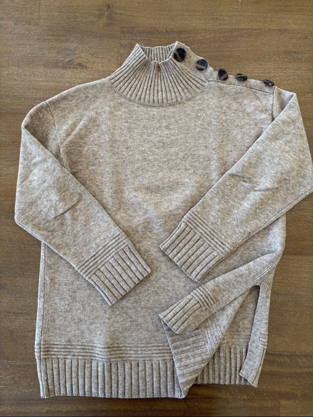 Anthropologie Neutral Beige Button-Shoulder Turtleneck Sweater